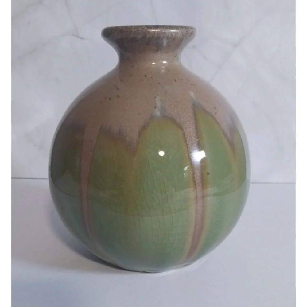 Drip Glaze Pottery Bud Vase Olive Green Brown Round Bulbous 5